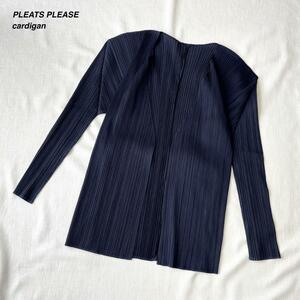 ＜極美品!!＞■PLEATS PLEASE プリーツプリーズ カーディガン 長袖 お洒落 上品カラー 普段使い ネイビー 紺 3(L程度)