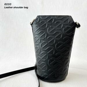 ＜極美品!!＞■ECCO エコー ポットバッグウェーブ レザー ショルダーバッグ 型押し お洒落 使いやすい 普段使い 上品コーデ ブラック 黒