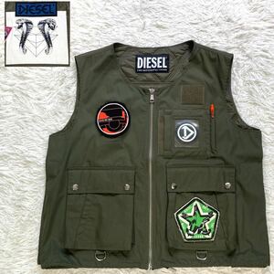 【ギミック満載 極美品】DIESEL ベスト キルティング ワッペン ラバーロゴ ミリタリー ヘビ ボールペン ディーゼル メンズ カーキ 春夏 L