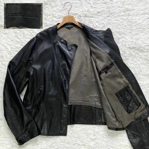 [ beautiful goods leather tag XXXL 58] GIORGIO ARMANI rider's jacket semi-double ram leather joru geo Armani black 2way leather tag black 