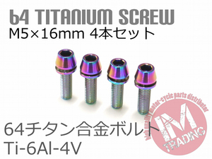 64チタンボルト M5×16mm P0.8 4本セット ワッシャー付き テーパーキャップ ゆうパケット対応 焼き色あり レインボー Ti-6Al-4V GR5