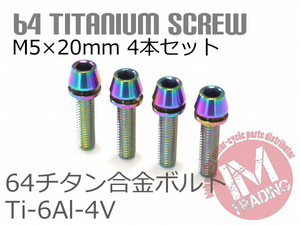 64チタンボルト M5×20mm P0.8 4本セット ワッシャー付き テーパーキャップ ゆうパケット対応 焼き色あり レインボー Ti-6Al-4V GR5