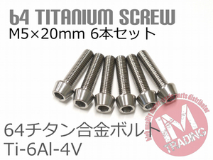 64チタンボルト M5×20mm P0.8 6本セット テーパーキャップ ゆうパケット対応 焼き色なし Ti-6Al-4V GR5