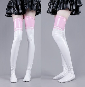  most new work S size white PINK PU enamel lustre finishing knee-high height stockings costume play clothes 8040-26