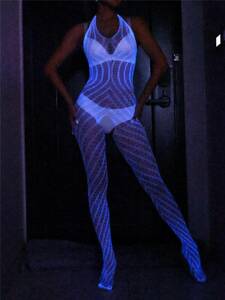  this season new work 6611 night light UV fluorescence light blue shoulder shoulder type body stockings hole costume play clothes Night wear 