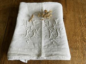  France antique hand weave linen sheet m flower character initial [EE] Home Span center si-m