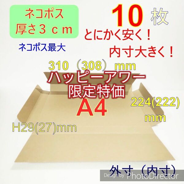 発送用10枚ネコポス最大サイズ 厚さ3㎝ 対応 A4 ダンボール 箱