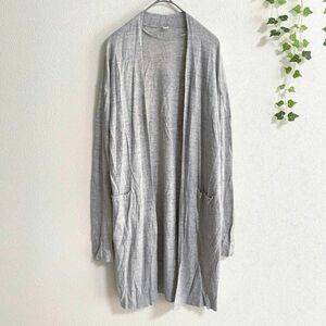 w928 UNIQLO ユニクロ【M】リネン ロングカーディガン　ライトグレー　春夏　麻素材　UVカット　日焼け対策　シースルー