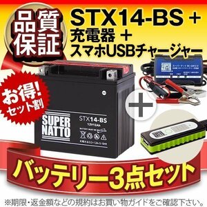 ◆お得3点セット【バッテリー+充電器+スマホUSBチャージャー】ハーレー用YTX14-BS互換【バイクでスマホ充電!超便利!】