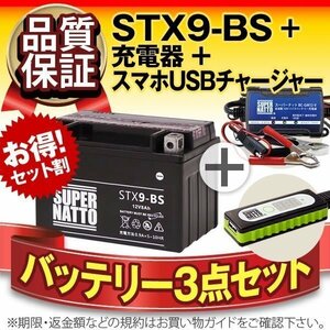 ◆お得3点セット【バッテリー+充電器+スマホUSBチャージャー】YTX9-BS互換 STX9-BS　密閉型【バイクでスマホ充電!超便利!】