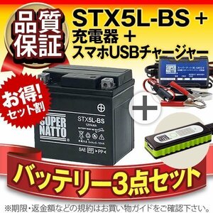 ◆お得3点セット【バッテリー+充電器+スマホUSBチャージャー】YTX5L-BS互換【バイクでスマホ充電!超便利!】