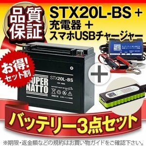 ◆お得3点セット【バッテリー+充電器+スマホUSBチャージャー】ハーレー用YTX20L-BS互換【バイクでスマホ充電!超便利!】STX20L-BS 密閉型