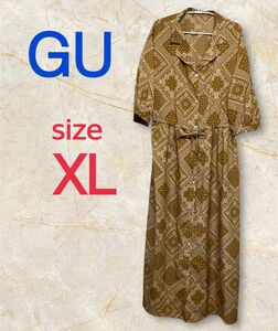 GU バンダナプリント オープンカラー ワンピース　7分袖　XLサイズ