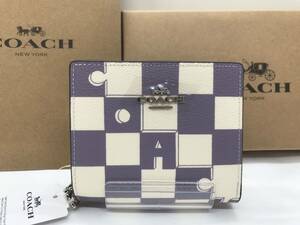 新品COACH　コーチ二つ折り財布　チェッカーボードプリント　 パープル