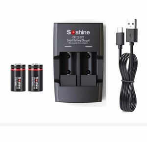 Soshine CR2 充電池 2本+充電器 セット3.0V (3.2V) 