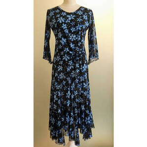 【for Dance】2ピースダンスドレス・黒×ブルー花柄・L/社交ダンス/パーティー/ダンスデモ☆中古