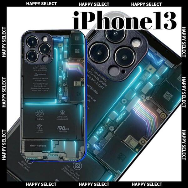 iPhone13ハードケース サブカルサイバーネオンガジェット 青緑黒 基盤回路 ネオン ブラック アイフォン スマホケース カッコイイ