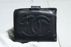 104.CHANEL シャネル ビックココマーク ヴィンテージ キャビアスキン 二つ折り 財布 ブラック レディース財布 