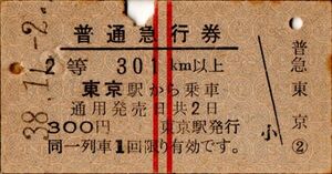 Ａ型常備券　普通急行券　東京駅から乗車　300円　東京駅発行　パンチ　検札印穴