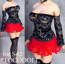 ＊toco＊Phicen/TBLeague用 S42 アームカバー付 レーストップス＆シフォンプリーツスカート/black×red_画像2