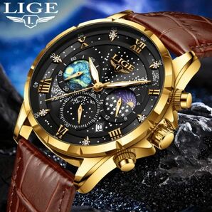 新品 LIGE オマージュクロノグラフ ウォッチ レザーストラップ メンズ腕時計 ブラック& ゴールド＆ブラウン 89107