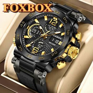 新品 FOXBOX デュアルウォッチ50M防水メンズ腕時計 ラバーストラップ ブラック＆ゴールド