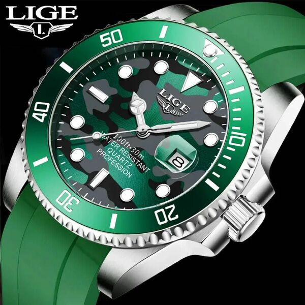 新品 LIGE OCEAN STAR オマージュウォッチ ミリタリーグリーン シリコンストラップ メンズ腕時計