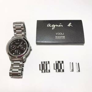 【1円】 時計 agnes b. アニエスベー V33J-0010 QUARTZ クォーツ 取扱説明書付き コマ付き カレンダー ラウンド ブラック 腕時計 ウォッチ