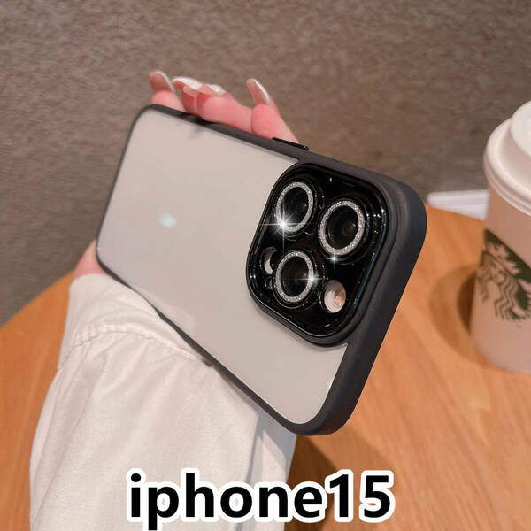 iphone15ケース カーバー レンズ保護付き　透明　お洒落　韓国　軽い ケース 耐衝撃 高品質 ブラック135