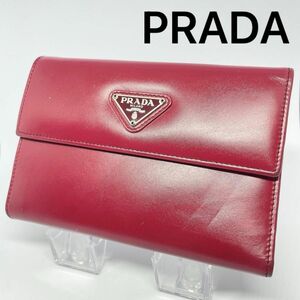 【PRADA】 プラダ　サフィアーノレザー ウォレット 3つ折り 財布 レザー 小銭入れ付き　レッド系