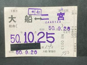 古い切符＊JNR 国鉄 通学定期 1箇月 大船←→二宮 昭和50年 大船駅発行＊鉄道 資料