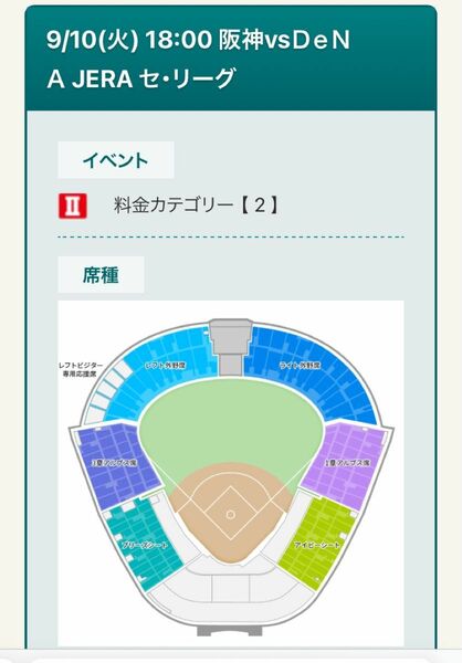 阪神タイガース　9/10 阪神甲子園球場　vsDeNAベイスターズ　アイビーシート1枚