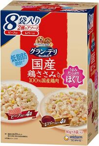 グランデリ ドッグフード ウェット 国産鶏ささみ パウチ ほぐし 成犬用 8個パック ビーフ入り・レバー入り 80g 国産 ユニチ