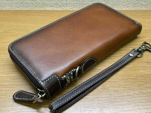 1 jpy new goods Italian original leather hand made long wallet cow leather leather wallet cow cow leather round fastener for man purse Brown 