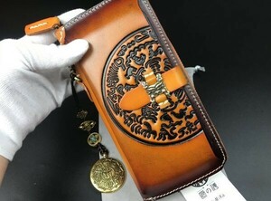 新品 イタリアンレザー長財布（iPhone 入れあり）メンズ本革 ウォレット 手染 牛革 財布 ラウンドファスナー 長財布 ストラップ付き