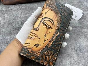 Art hand Auction Three-dimensional, Buddha-Ma-Ichinen genuine leather, carved, long wallet, hand-sewn, handmade, hand-dyed, round zipper, men's wallet, wallet, Men's, Long wallet (with coin purse)