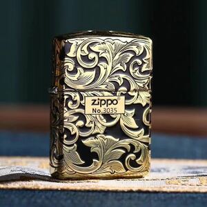 未使用 ZIPPO 唐草彫刻 喫煙グッズ ジッポー 6面刻印 オイルライター 真鍮製 新品 ゴールドX黒