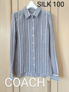 COACH- lady's XS Coach total silk long sleeve blouse shirt gray stripe regular goods 