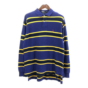 90年代 Polo by Ralph Lauren ポロ ラルフローレン 長袖ポロシャツ ワンポイントロゴ ボーダー パープル (メンズ XL) 中古 古着 Q5611