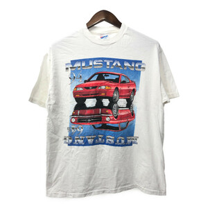 90年代 Hanes ヘインズ MUSTANG マスタング 半袖Ｔシャツ シングルステッチ モーターサイクル ホワイト (メンズ L) 中古 古着 Q5627