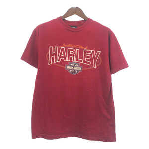 90年代 USA製 HARLEY DAVIDSON ハーレーダビッドソン 半袖Ｔシャツ バイク ワインレッド (メンズ L) 中古 古着 Q5880