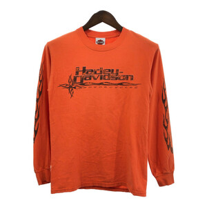 HARLEY DAVIDSON ハーレーダビッドソン 長袖Ｔシャツ バイク 袖プリント ロゴ オレンジ (メンズ S) 中古 古着 Q7081