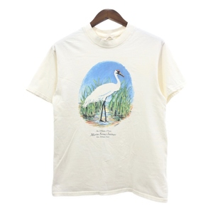 00年代 アニマルプリント 鶴 半袖Ｔシャツ ホワイト (メンズ M) 中古 古着 Q7947