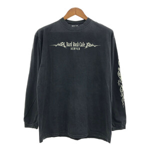 90年代 USA製 Hard Rock Cafe ハードロックカフェ 長袖Ｔシャツ 袖プリント ロゴ ブラック (メンズ LARGE) 中古 古着 Q8206