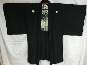 男性　羽織り　黒　紋付　正絹　寅　龍　富士山　中古品　リメイク材料　ハンドメイド　古布　シミあり