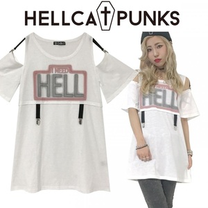 【 HELLCATPUNKS 】 I NEED HELL オープンショルダーTシャツワンピース ヘルキャットパンクス WHITE