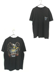 古着 90s HARLEY DAVIDSON V2 エンジン イーグル ブルー シールド&バー ポケット Tシャツ ポケT XL位 古着