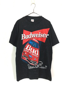 古着 90s USA製 Budweiser ビール 企業 レーシング メッセージ 総柄 ペンキ Tシャツ M 美品!! 古着