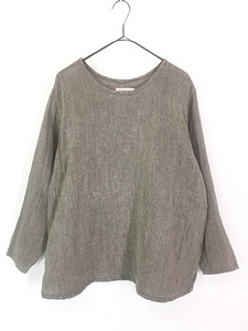  lady's old clothes FLAX plain simple linen long sleeve pull over tops gray S old clothes 