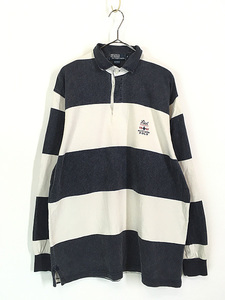 古着 Polo Ralph Lauren 「1967 Fleet」 刺しゅう チャコール×白 ボーダー ラガー ラグビー シャツ M 古着